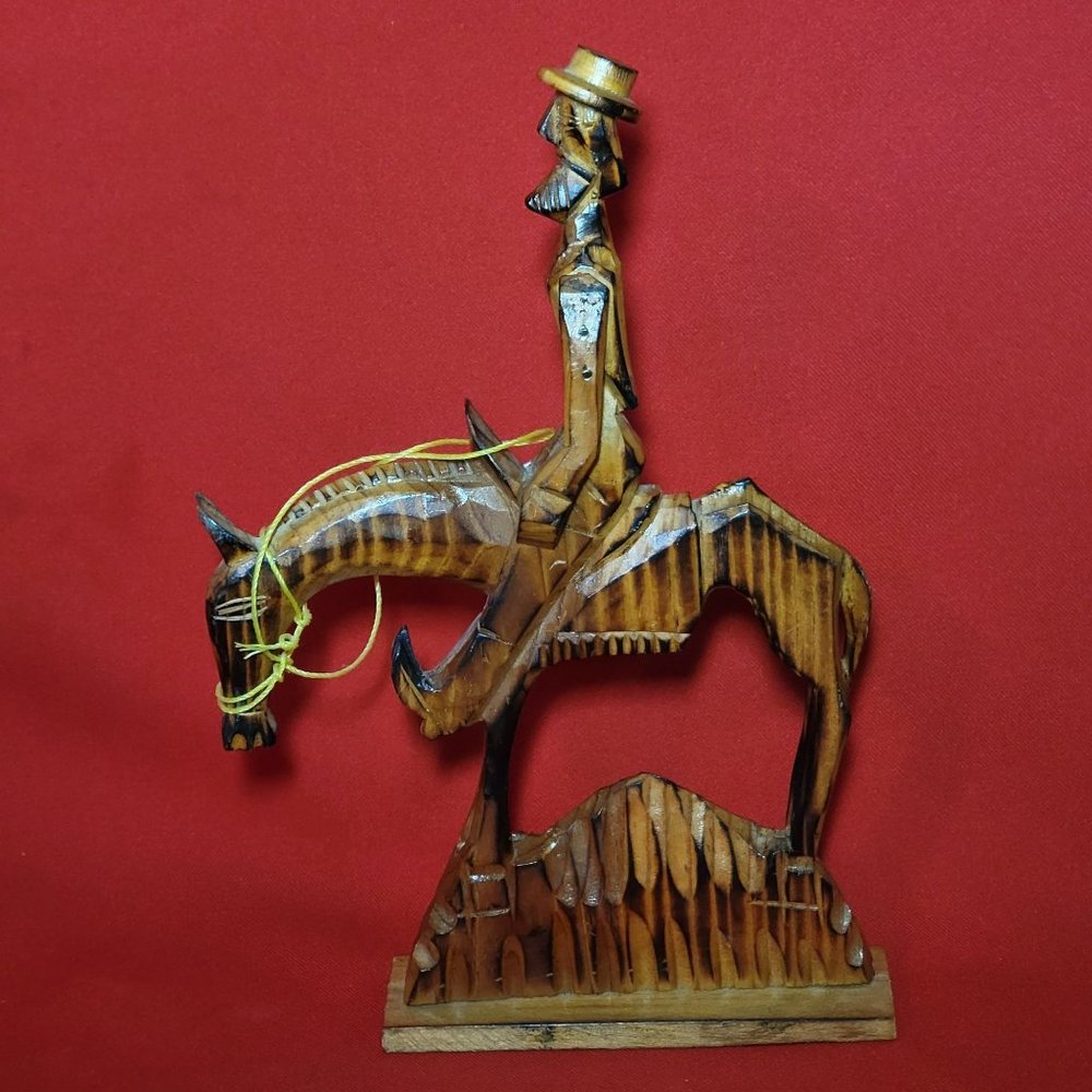 VTG Hand Carved Wooden Don Quixote on His Faithful Horse Rope Twine Harness Stat